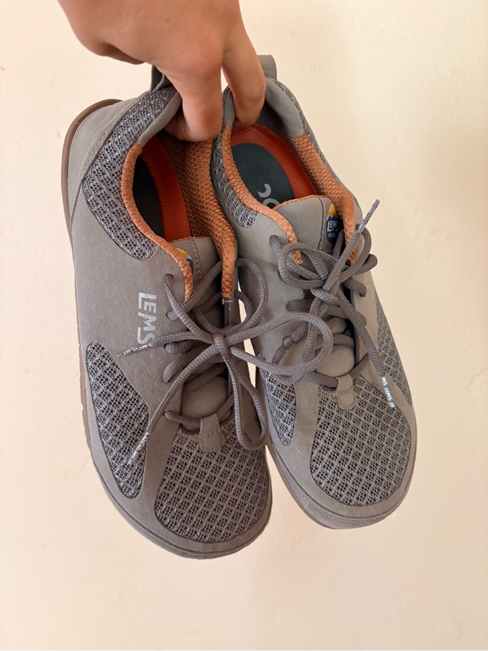 Lems Primal 2 Grey Lightweight Lace-Up Sneakers with Orange Trim